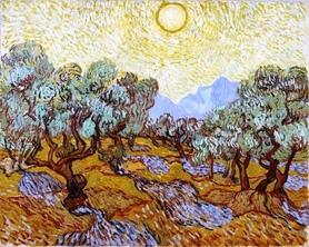 Vincent van Gogh - Drzewa oliwne z żółtym niebem i słońcem