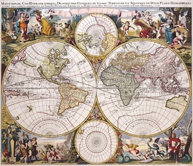 1686r. - Mappe Monde Geo-hydrographique Description Generale du Globe Terrestre et Aquatque Deux Plans Hemispheres (Mapa Świata Ogólny Opis Ziemi i Wód na Półkulach)