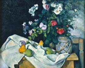 Paul Cézanne -  Kwiaty w wazonie i owoce