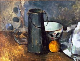 Paul Cézanne - Karafka, dzbanek mleka, miska i pomarańcza