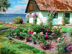 Peter Monsted - Dom z różami nad jeziorem