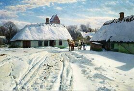 Peter Monsted - Zimowy dzień w wiosce, z kościołem w tle