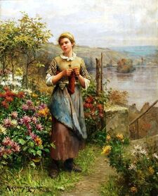 Daniel Ridgway Knight - Młoda kobieta robiąca na drutach w ogrodzie