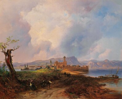 Anton Hansch - Widok na Castell Sermio, na wyspie Sermione nad jeziorem Garda