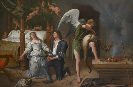 Jan Steen - Tobiasz i Sarah modlą się, podczas gdy Rafael wiąże demona (1)