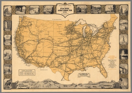 1935r. - Transcontinental routes of Pacific Greyhound Lines (1)