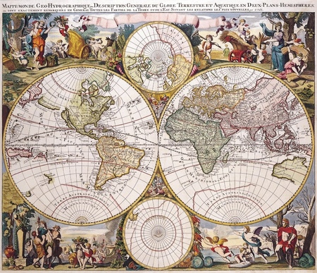 1686r. - Mappe Monde Geo-hydrographique Description Generale du Globe Terrestre et Aquatque Deux Plans Hemispheres (Mapa Świata Ogólny Opis Ziemi i Wód na Półkulach) (1)