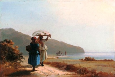Camille Pissarro - Dwie kobiety idące brzegiem morza (Two Women Chatting by the Sea, St. Thomas) (1)
