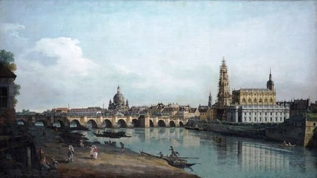 Canaletto - Drezno widziane z prawego brzegu Łaby, przed Mostem Augusts (Dresden seen from the Right Bank of the Elbe, beneath the Augusts Bridge) (1)