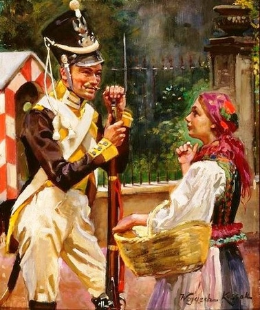 Wojciech Kossak - Żołnierz i dziewczyna przed Belwederem (1)