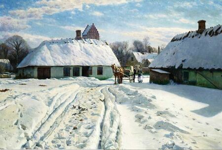 Peter Monsted - Zimowy dzień w wiosce, z kościołem w tle (1)