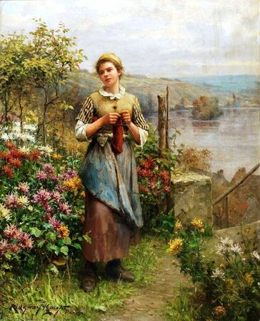 Daniel Ridgway Knight - Młoda kobieta robiąca na drutach w ogrodzie (1)