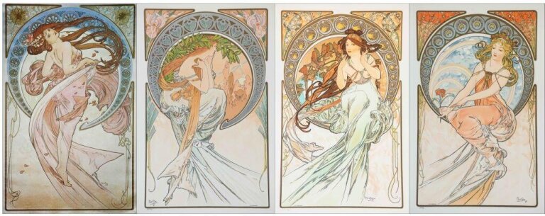 Alfons Mucha - Sztuki: Taniec, Poezja, Muzyka, Malarstwo (Zestaw 4 obrazy)